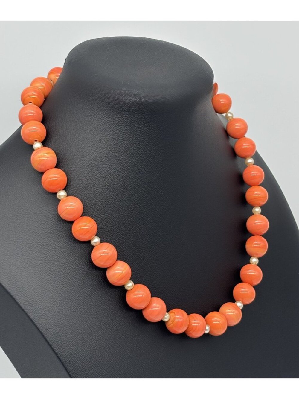 Vintage Trifari Necklace With Coral Colored Glass Beads With Faux Pearls, Signed